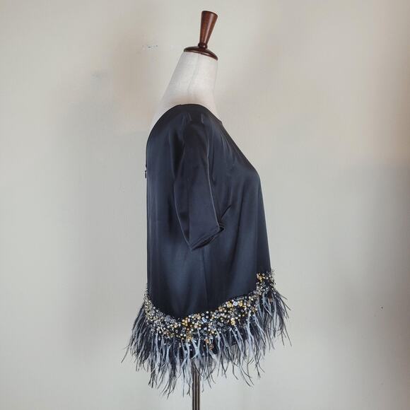St John Blouse Small Black Beaded Feather Sequins Satin Embellished Party Top - Picture 3 of 8